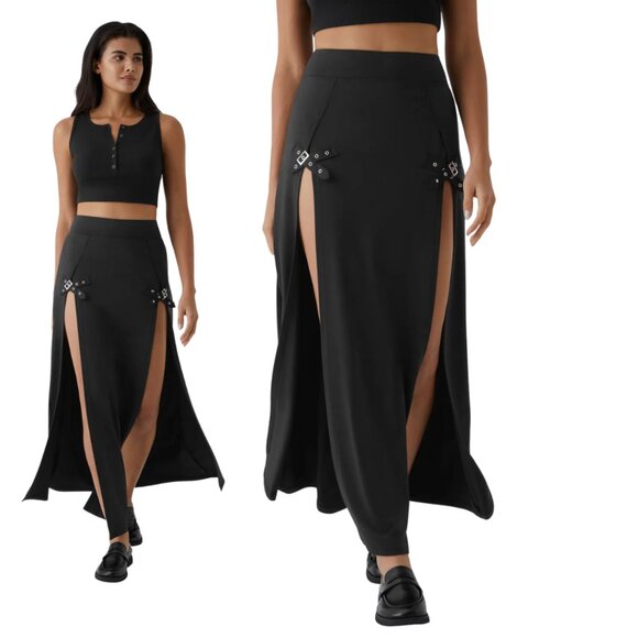 HALARA High Waist 2 In 1 Split Black Maxi Skort Skirt Buckle Various Sizes NWT - Picture 1 of 15